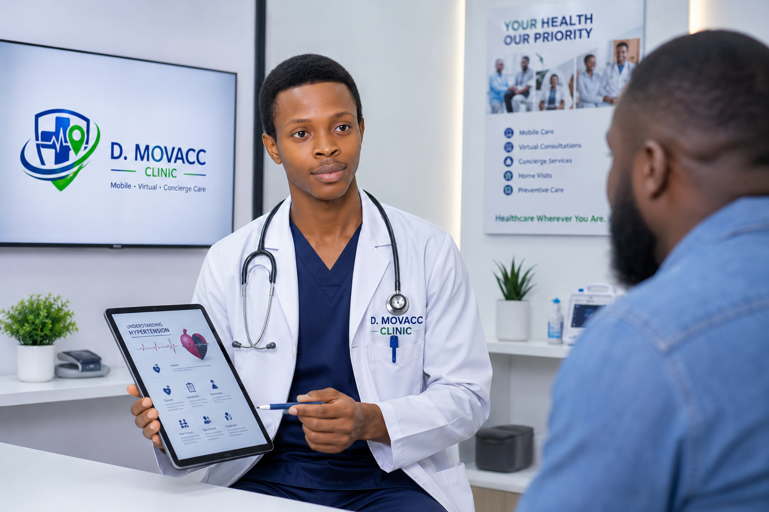D.MOVACC CLIINIC doctor explaining a hypertension care plan to a patient