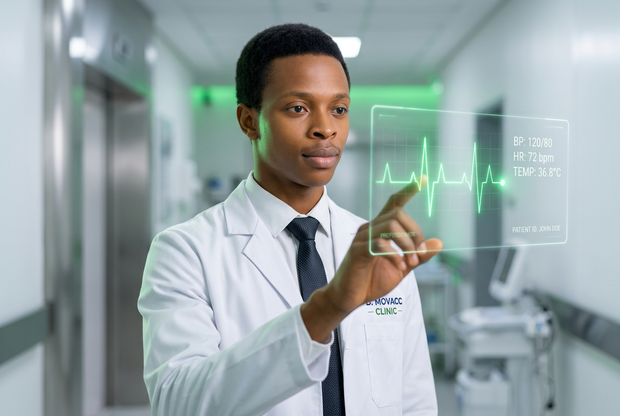 D.MOVACC CLIINIC doctor reviewing patient vitals during a virtual consultation